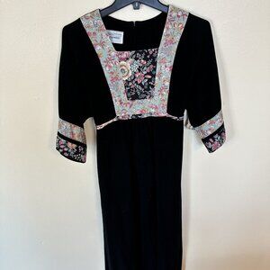Vintage JC Penny Black Floral Womens Maxi Dress Medium Velvet Short Sleeve